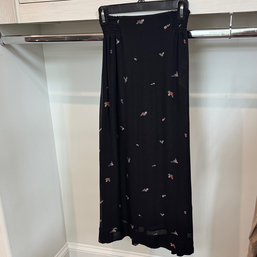 Ganni Black Maxi Skirt with Pink and Green Floral Sprigs